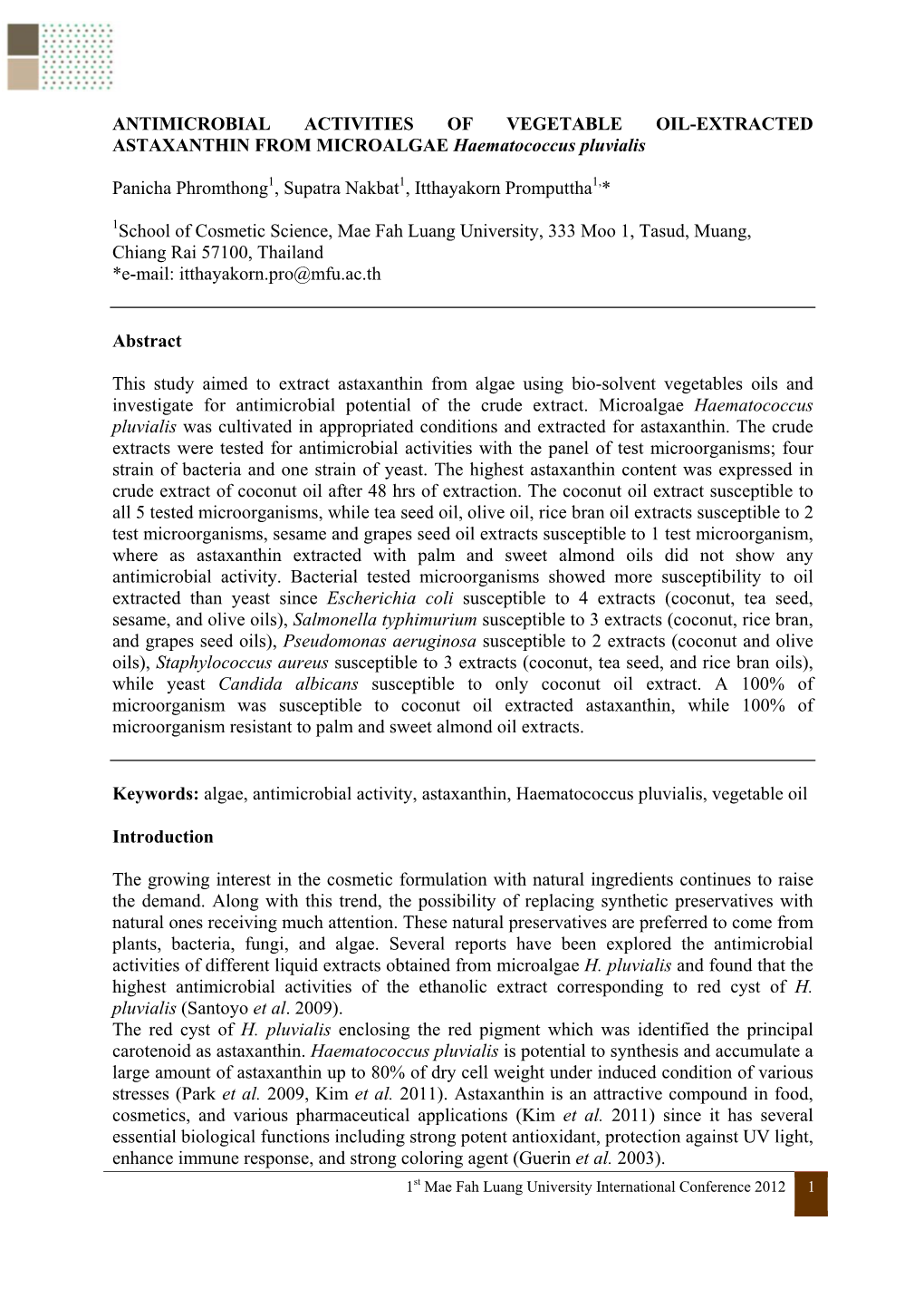 ANTIMICROBIAL ACTIVITIES of VEGETABLE OIL-EXTRACTED ASTAXANTHIN from MICROALGAE Haematococcus Pluvialis