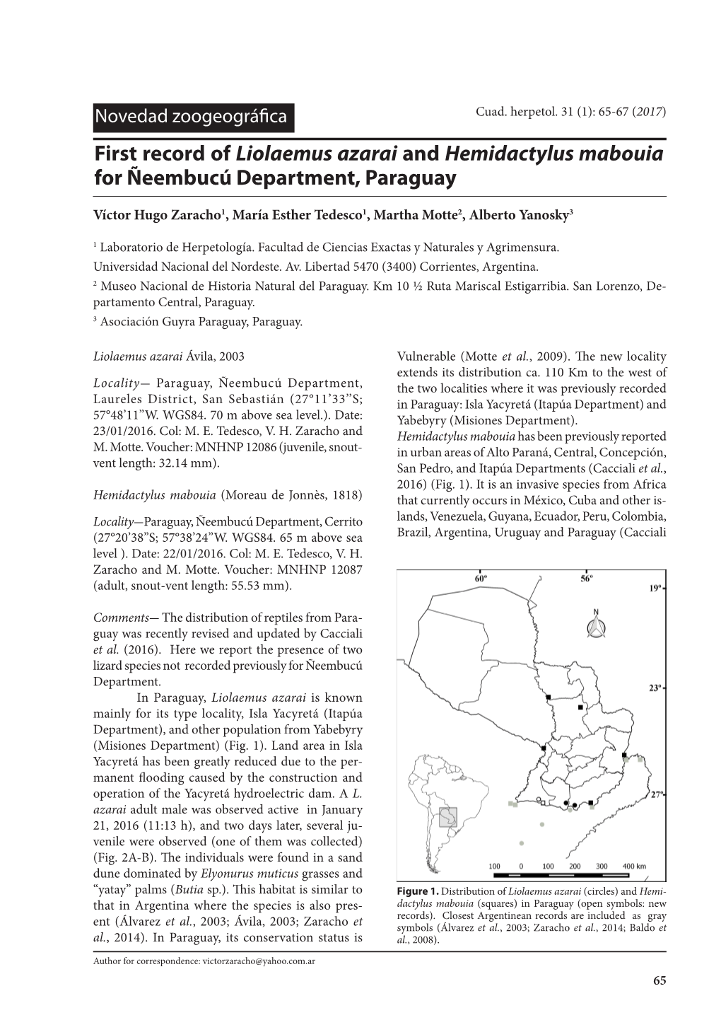 First Record of Liolaemus Azarai and Hemidactylus Mabouia for Ñeembucú Department, Paraguay