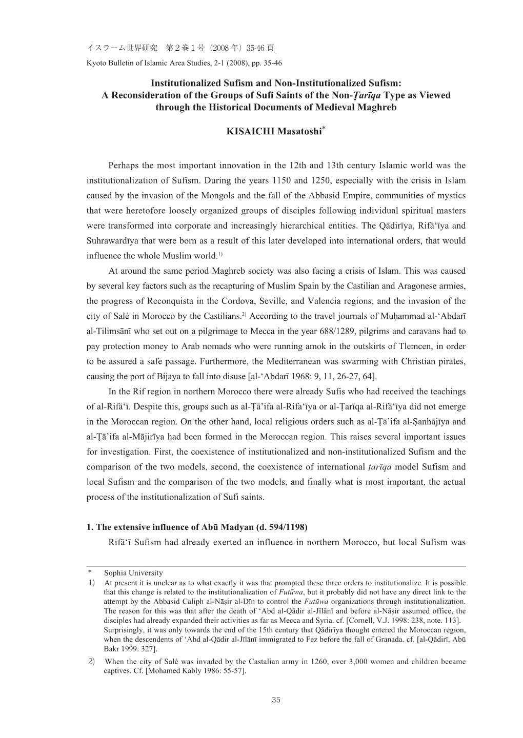 Institutionalized Sufism and Non-Institutionalized Sufism: a Reconsideration of the Groups of Sufi Saints of the Non-Ṭarīqa T