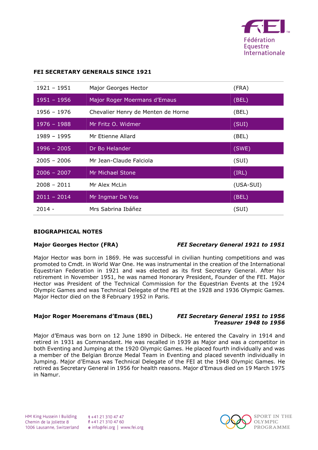 FEI SECRETARY GENERALS SINCE 1921 1921 – 1951 Major Georges