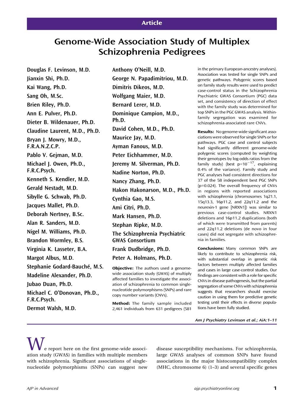 Genome-Wide Association Study of Multiplex Schizophrenia Pedigrees