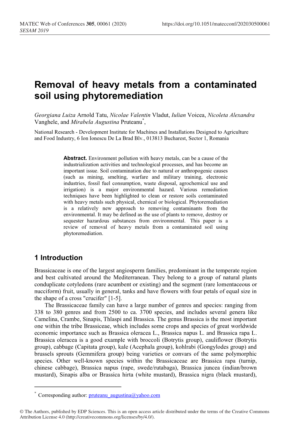 Removal of Heavy Metals from a Contaminated Soil Using Phytoremediation
