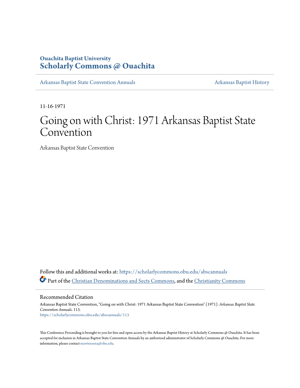 Going on with Christ: 1971 Arkansas Baptist State Convention Arkansas Baptist State Convention
