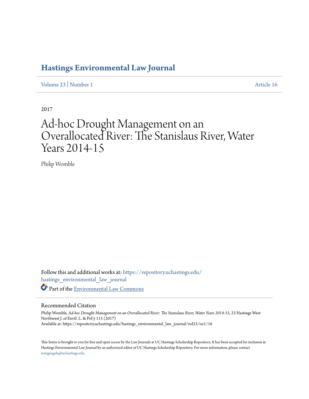 Ad-Hoc Drought Management on an Overallocated River: the Ts Anislaus River, Water Years 2014-15 Philip Womble