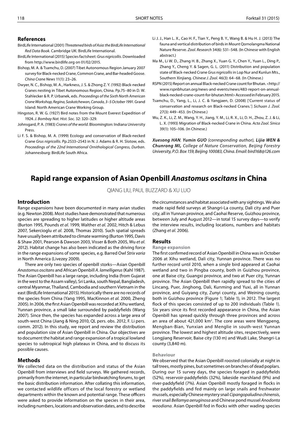 Rapid Range Expansion of Asian Openbill Anastomus Oscitans in China QIANG LIU, PAUL BUZZARD & XU LUO