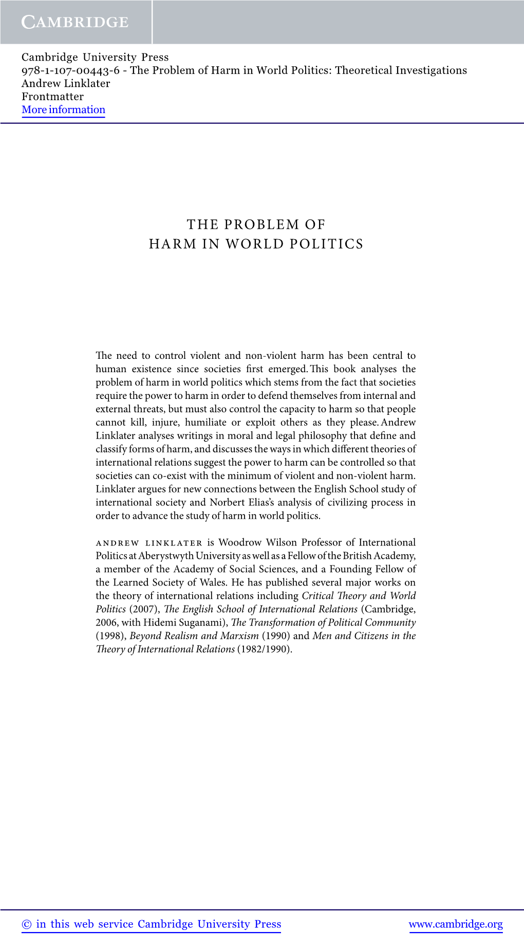The Problem of Harm in World Politics: Theoretical Investigations Andrew Linklater Frontmatter More Information