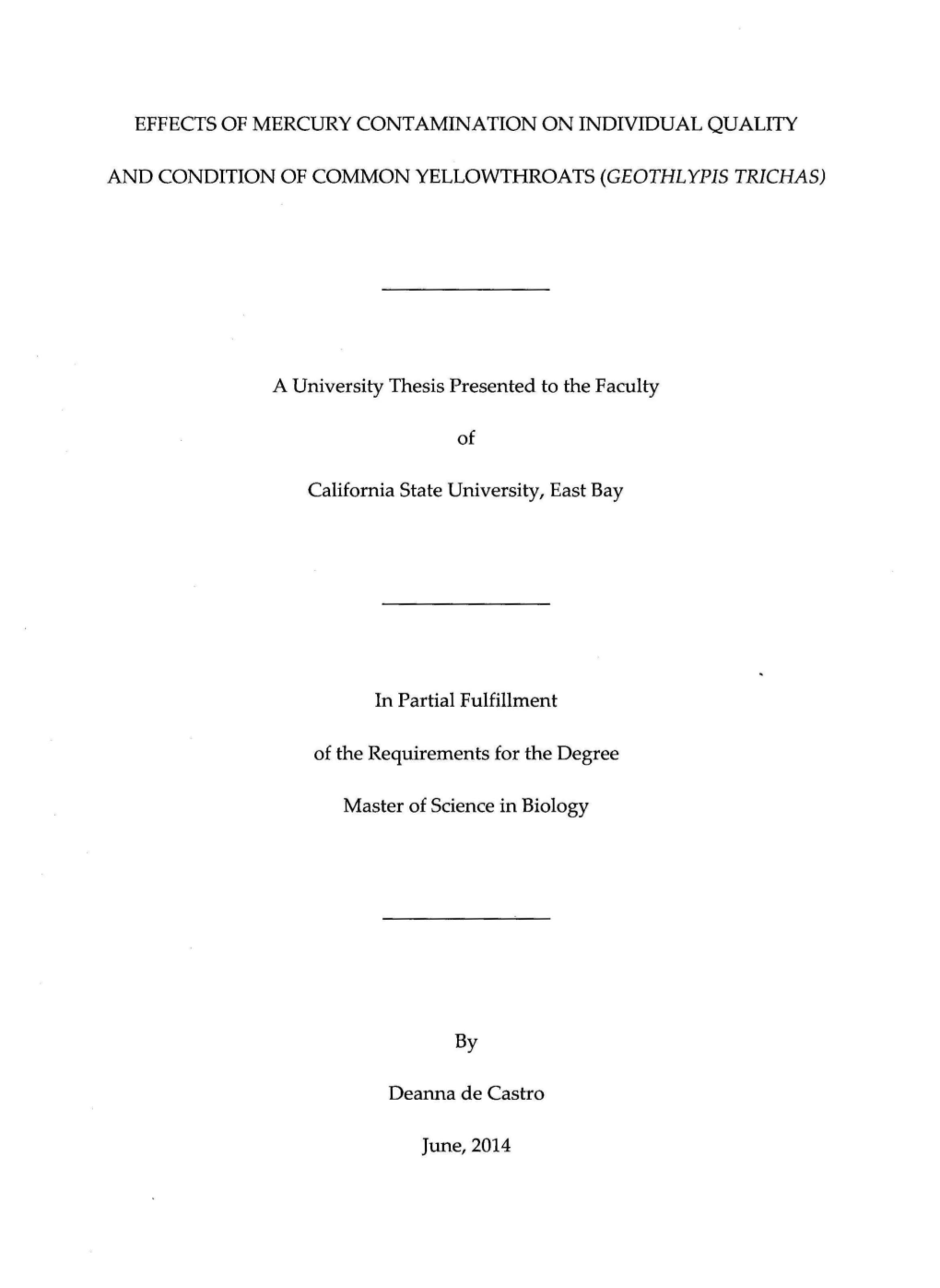 Mercury Contamination in the Common Yellowthroat (Geothlypis