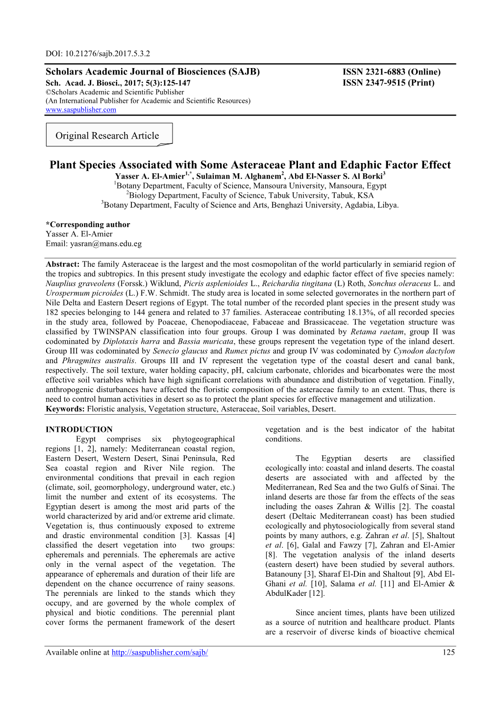 Plant Species Associated with Some Asteraceae Plant and Edaphic Factor Effect Yasser A