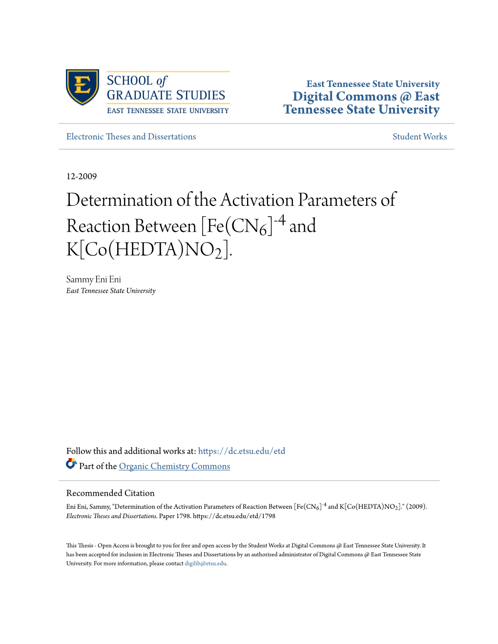 Determination of the Activation Parameters of Reaction Between [Fe(CN6] and K[Co(HEDTA)NO2].