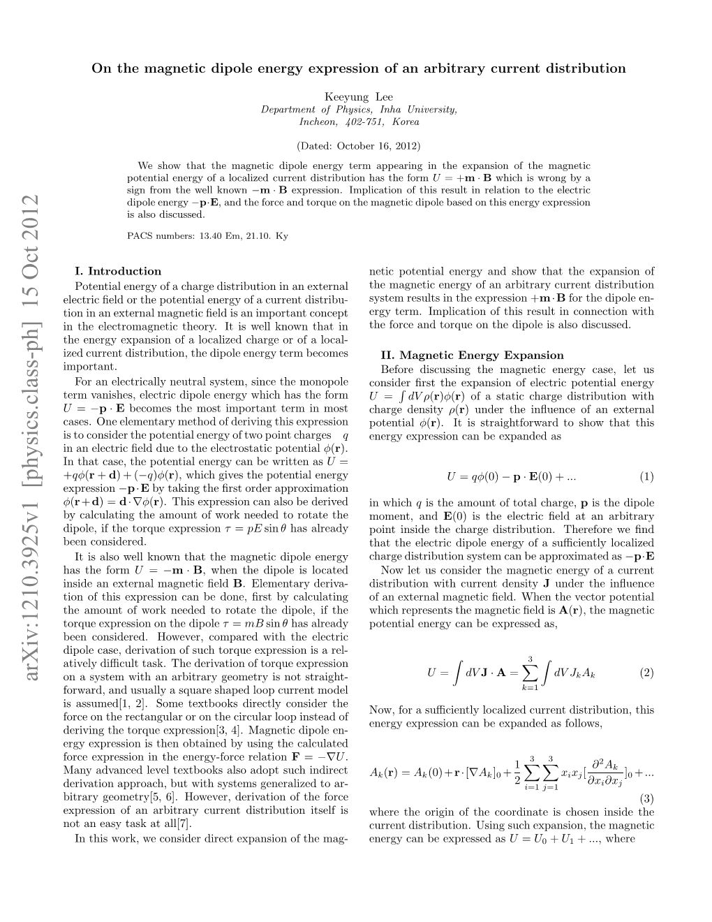 On the Magnetic Dipole Energy Expression of an Arbitrary Current