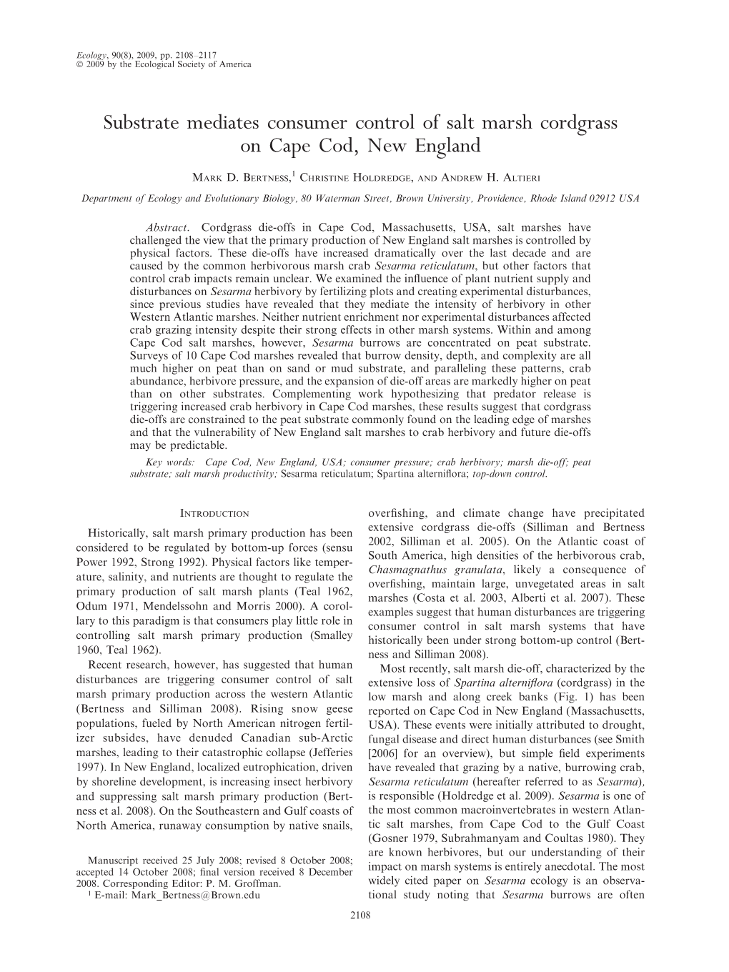 Substrate Mediates Consumer Control of Salt Marsh Cordgrass on Cape Cod, New England