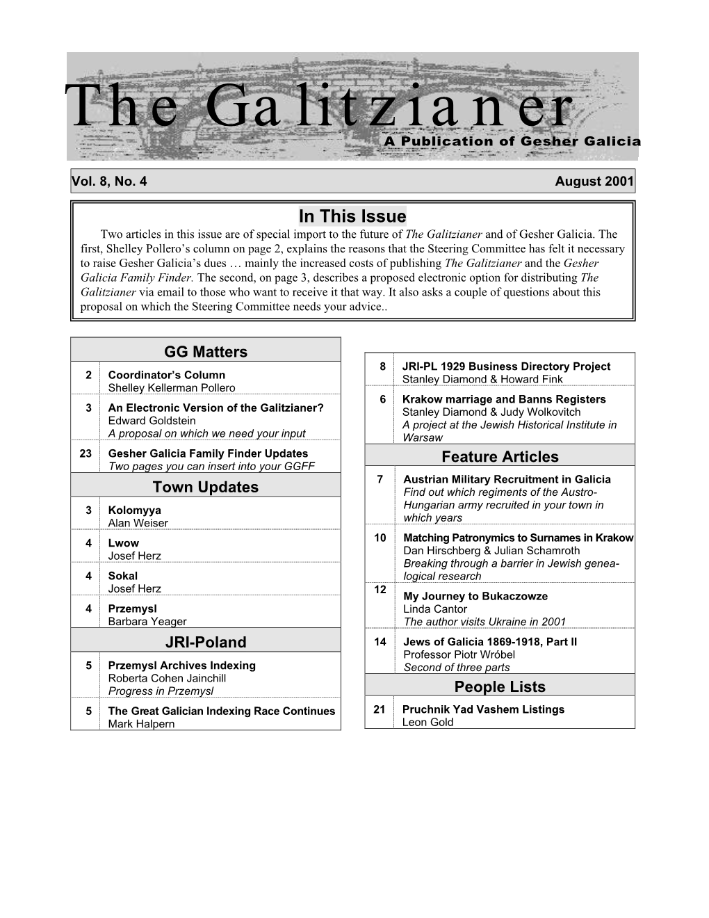 The Galitzianer a Publication of Gesher Galicia