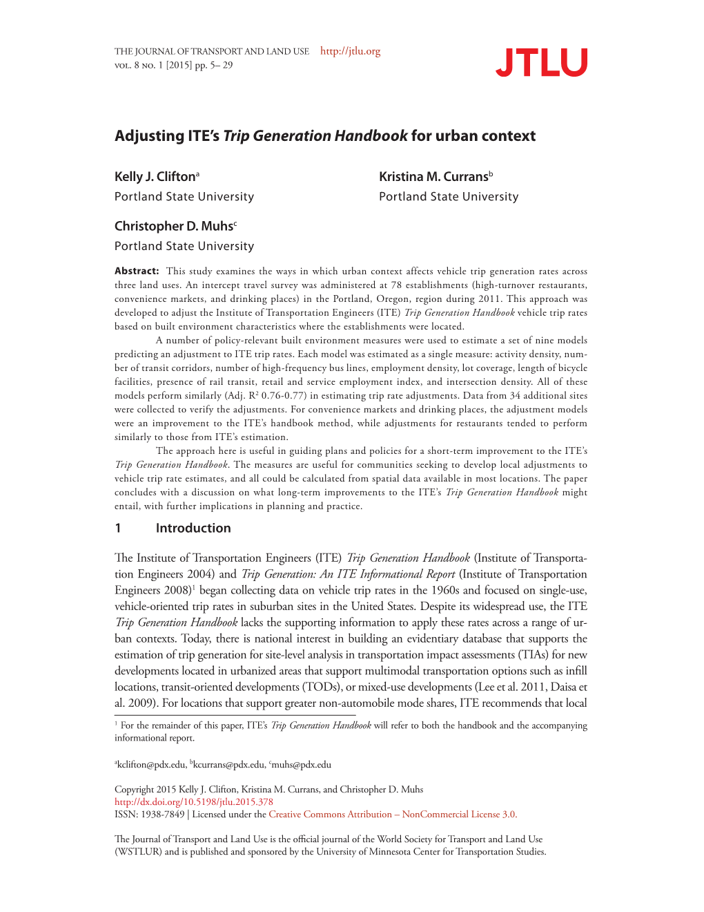 Adjusting ITE's Trip Generation Handbook for Urban Context