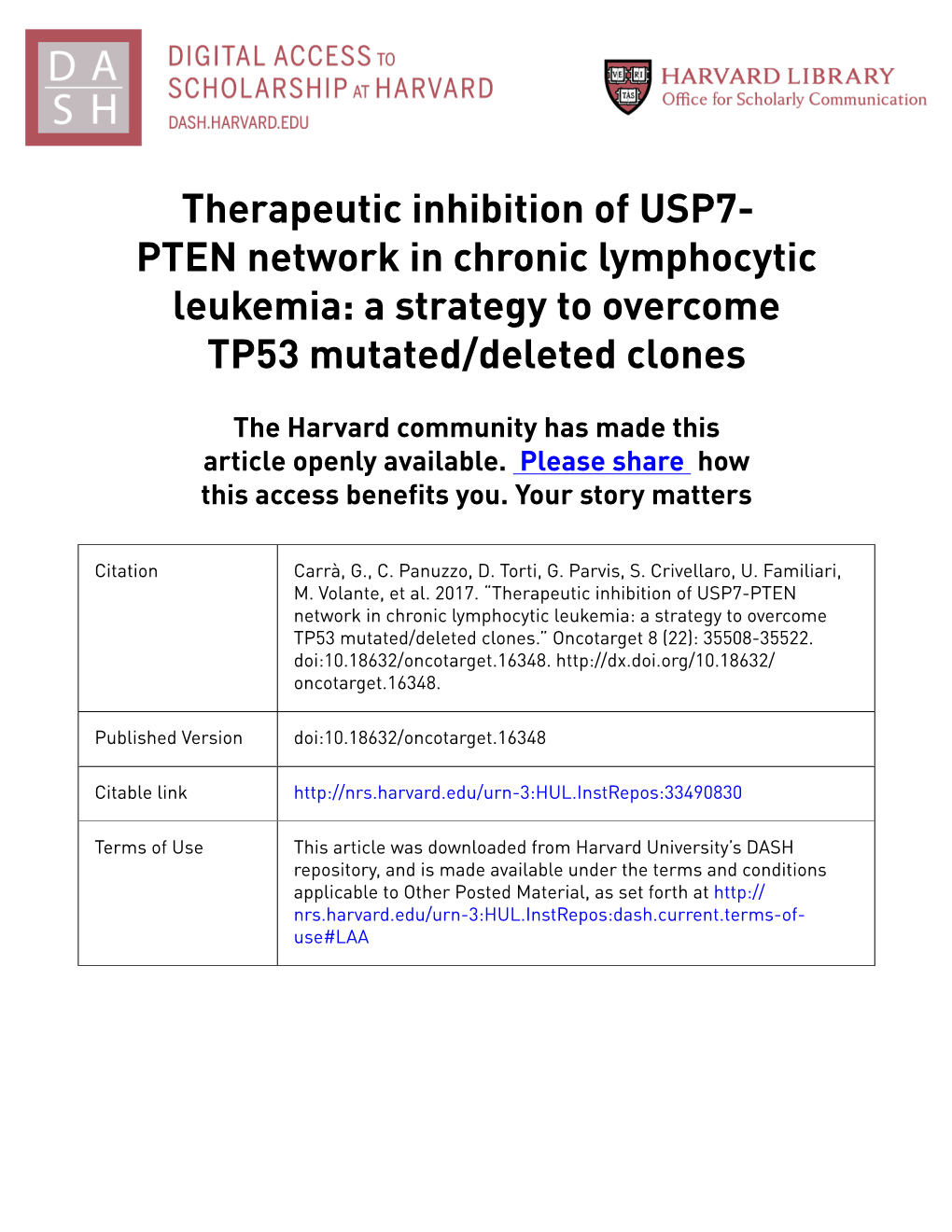Therapeutic Inhibition of USP7- PTEN Network in Chronic Lymphocytic Leukemia: a Strategy to Overcome TP53 Mutated/Deleted Clones