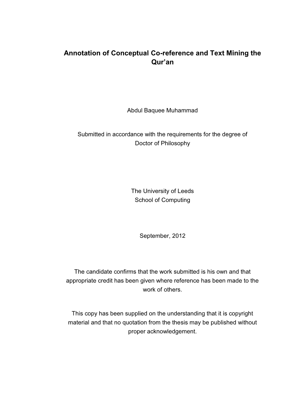 Annotation of Conceptual Co-Reference and Text Mining the Qur'an