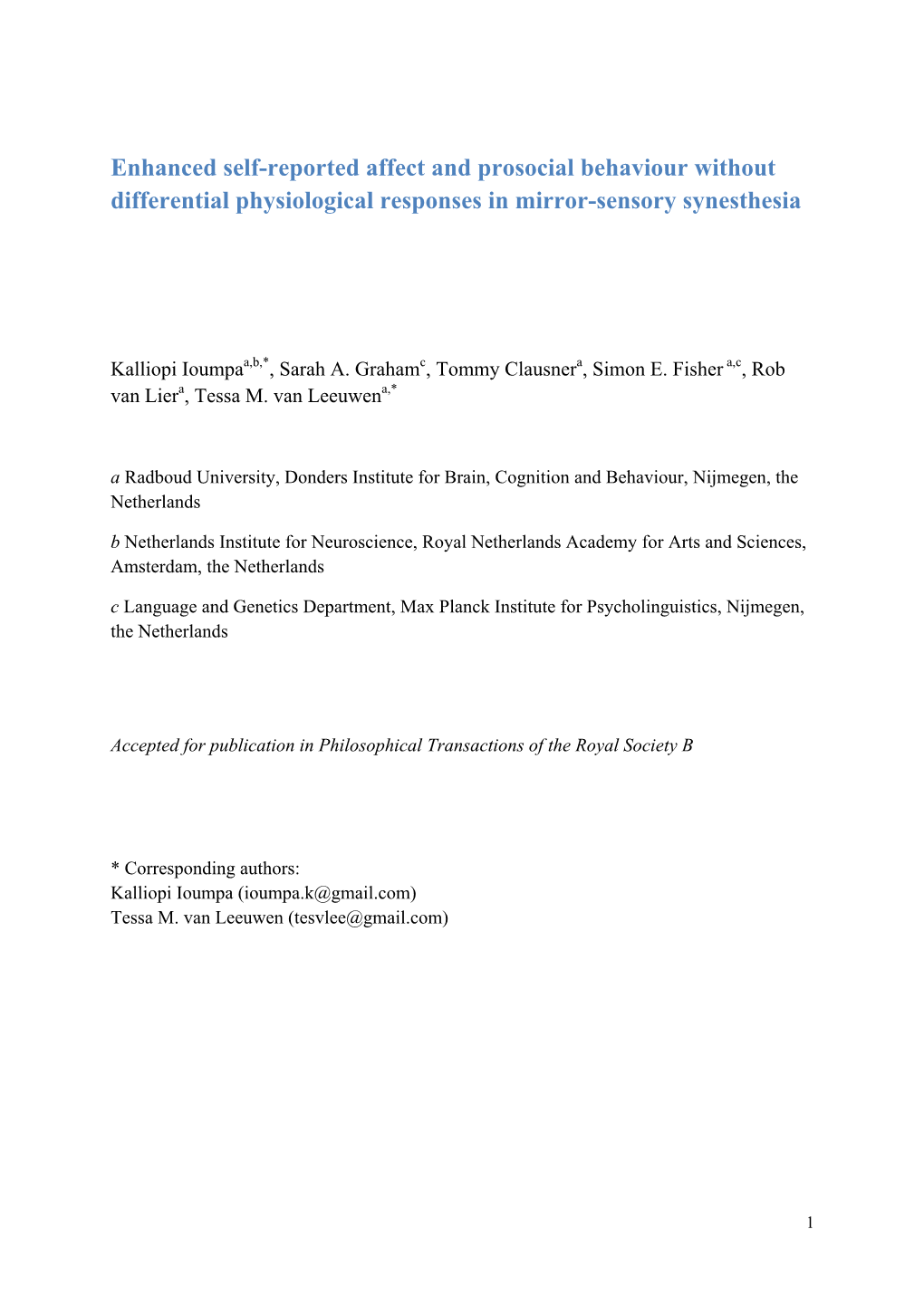 Enhanced Self-Reported Affect and Prosocial Behaviour Without Differential Physiological Responses in Mirror-Sensory Synesthesia