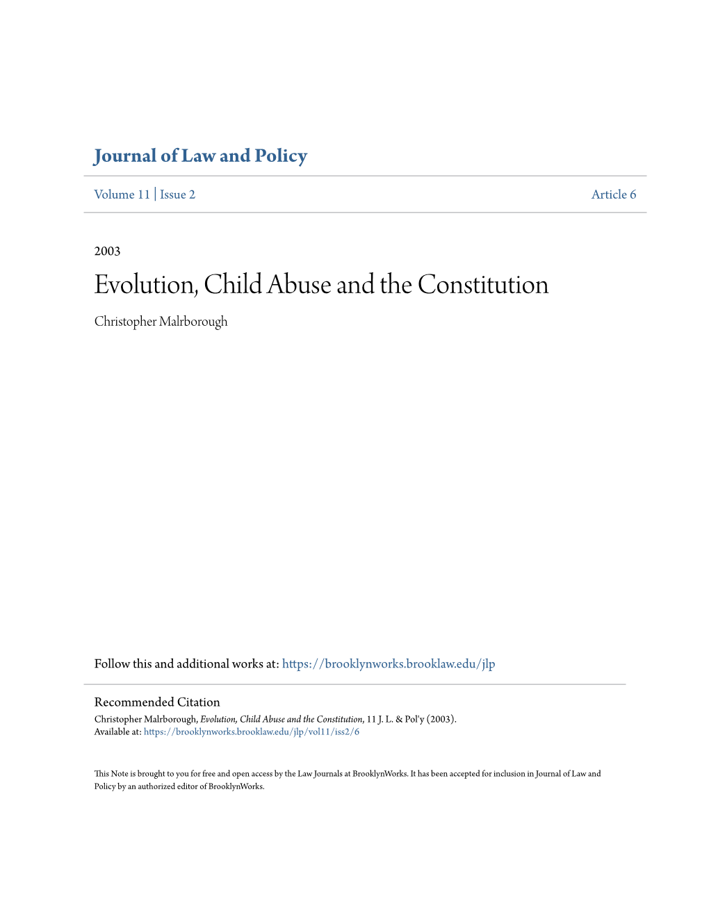 Evolution, Child Abuse and the Constitution Christopher Malrborough