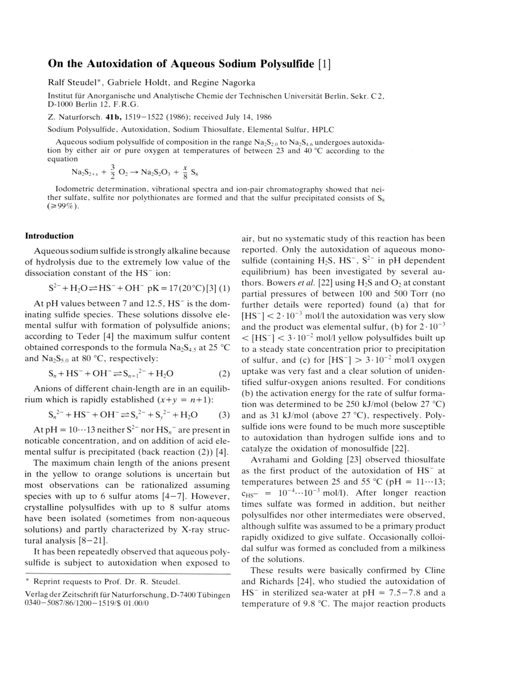 On the Autoxidation of Aqueous Sodium Polysulfide [1]