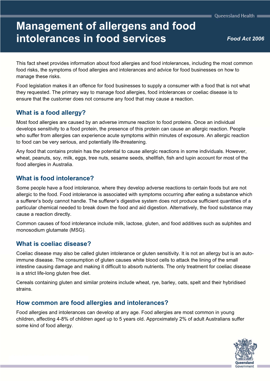 Management of Allergens and Food Intolerances in Food Services Food Act 2006