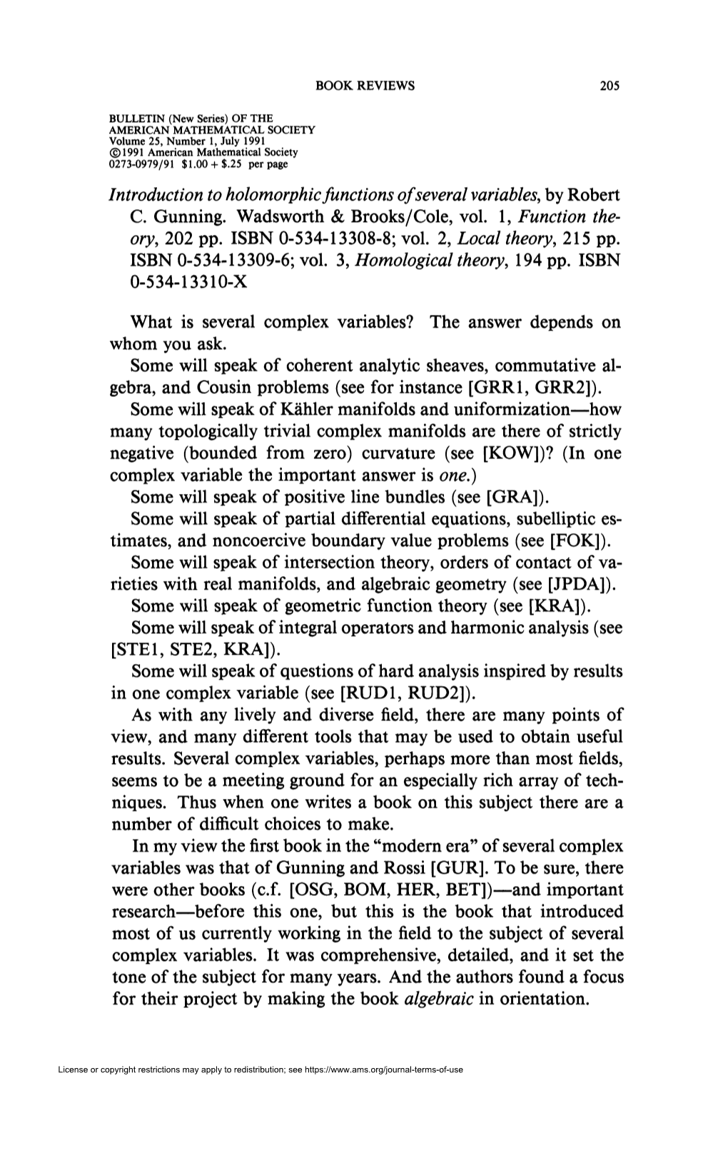 Introduction to Holomorphic Functions of Several Variables, by Robert C