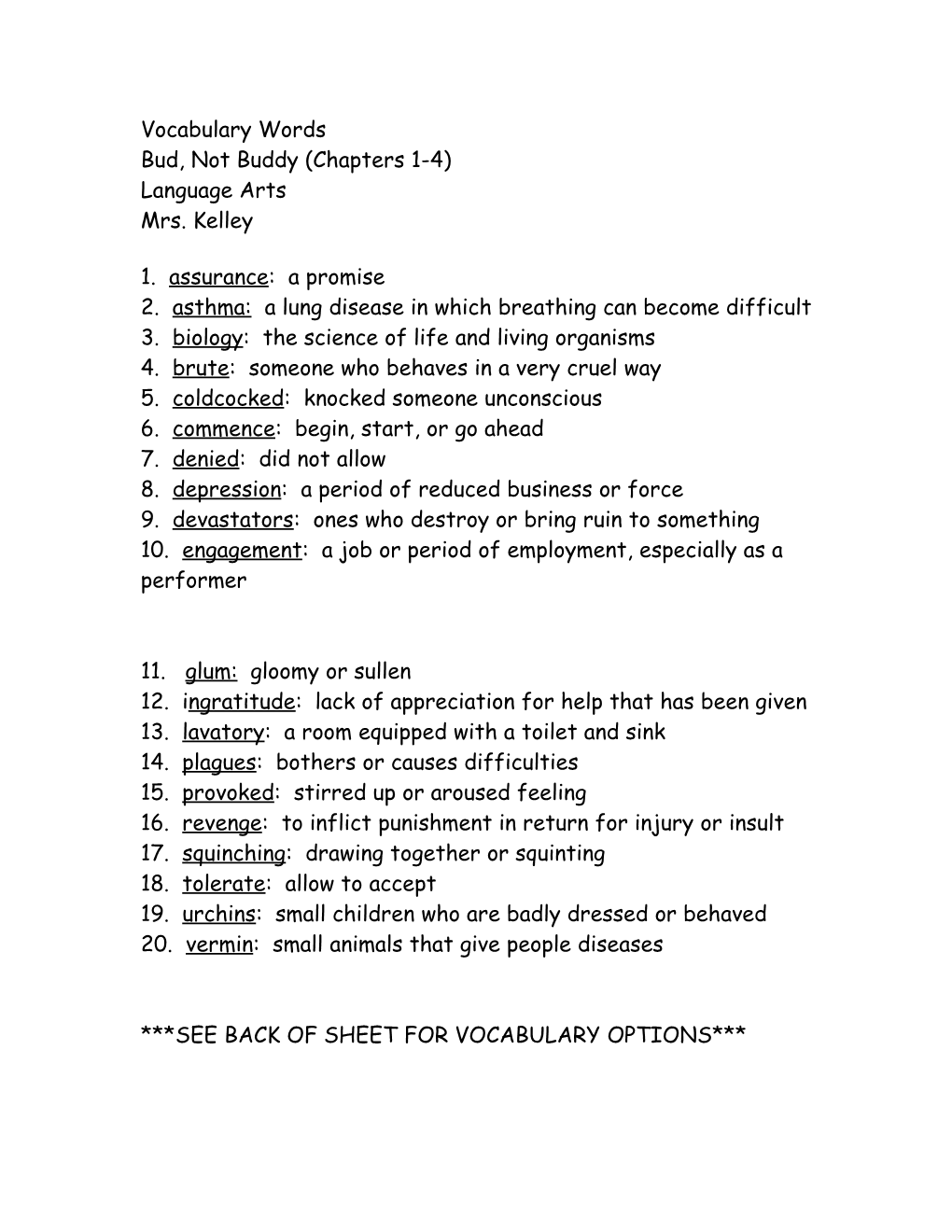 Vocabulary Words Bud Not Buddy Chapters 14