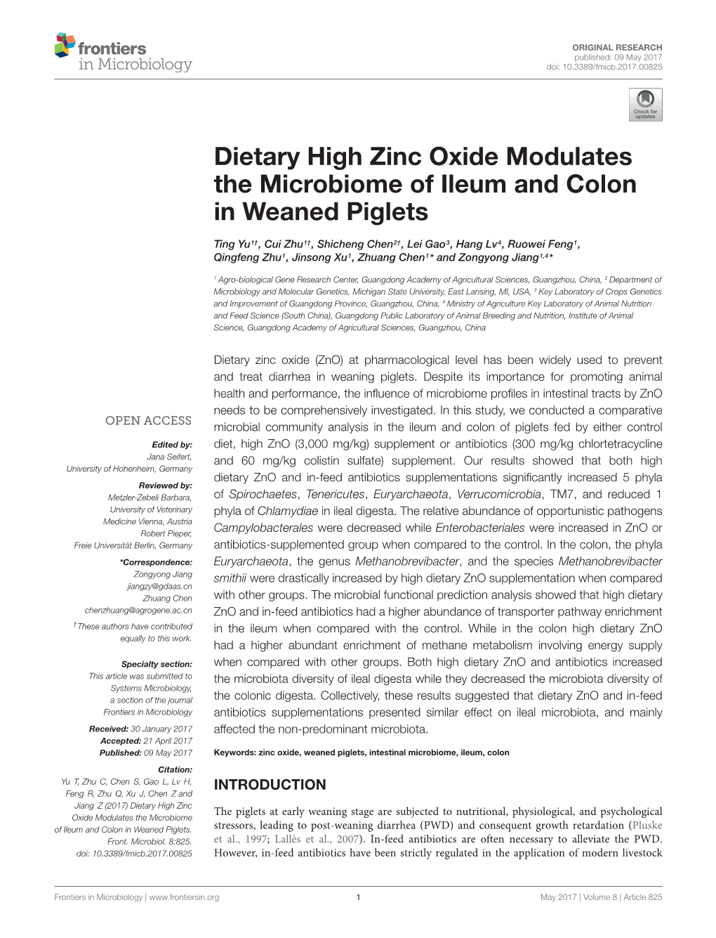 Dietary High Zinc Oxide Modulates the Microbiome of Ileum and Colon in Weaned Piglets