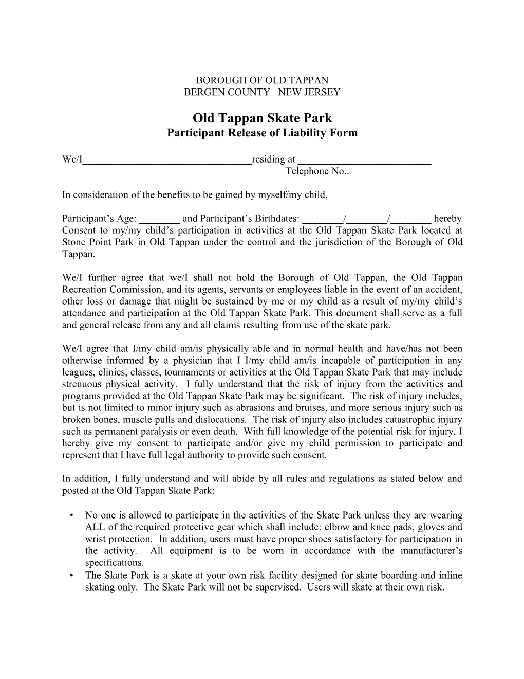 Old Tappan Skate Park Participant Release of Liability Form