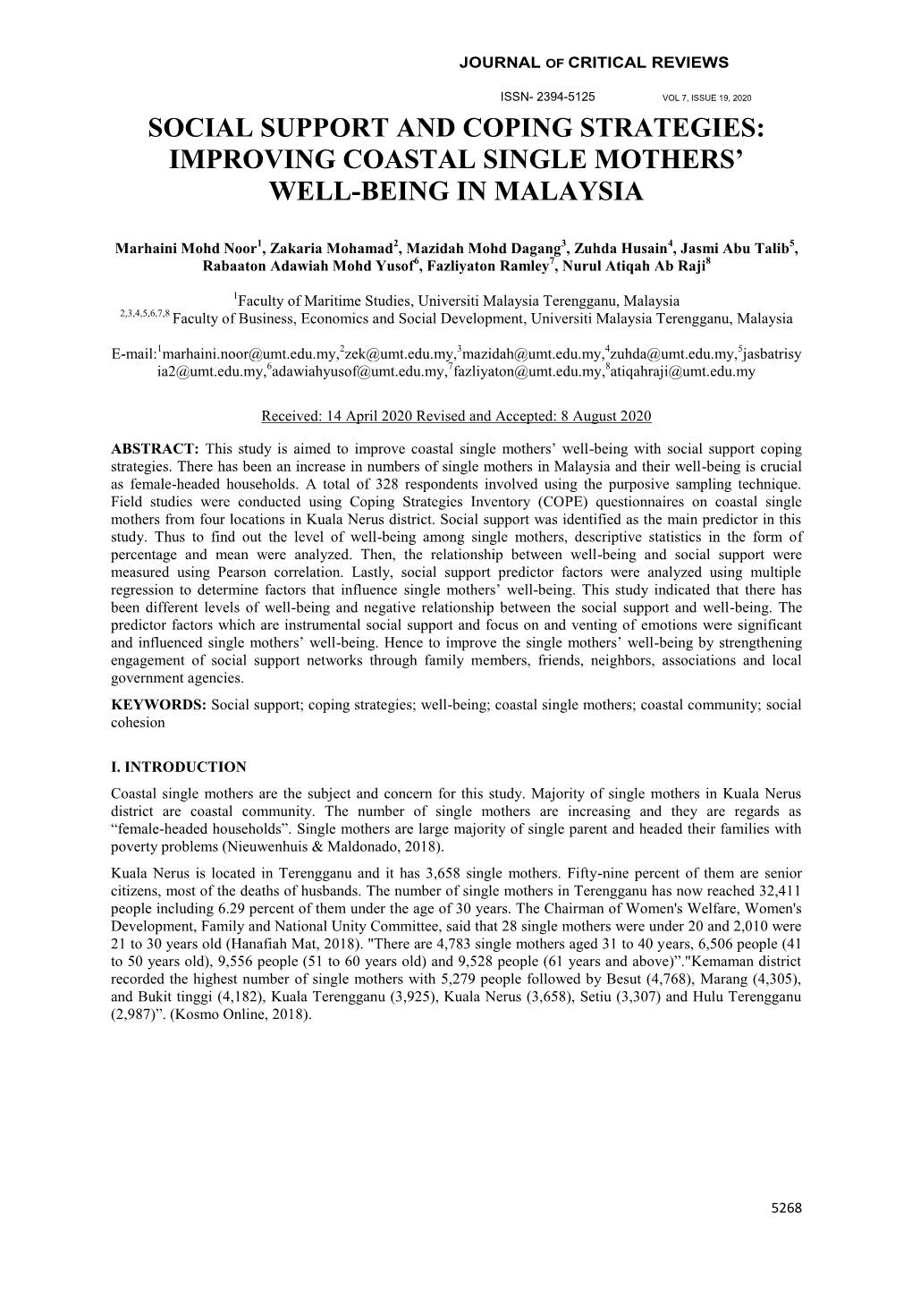 Social Support and Coping Strategies: Improving Coastal Single Mothers’ Well-Being in Malaysia