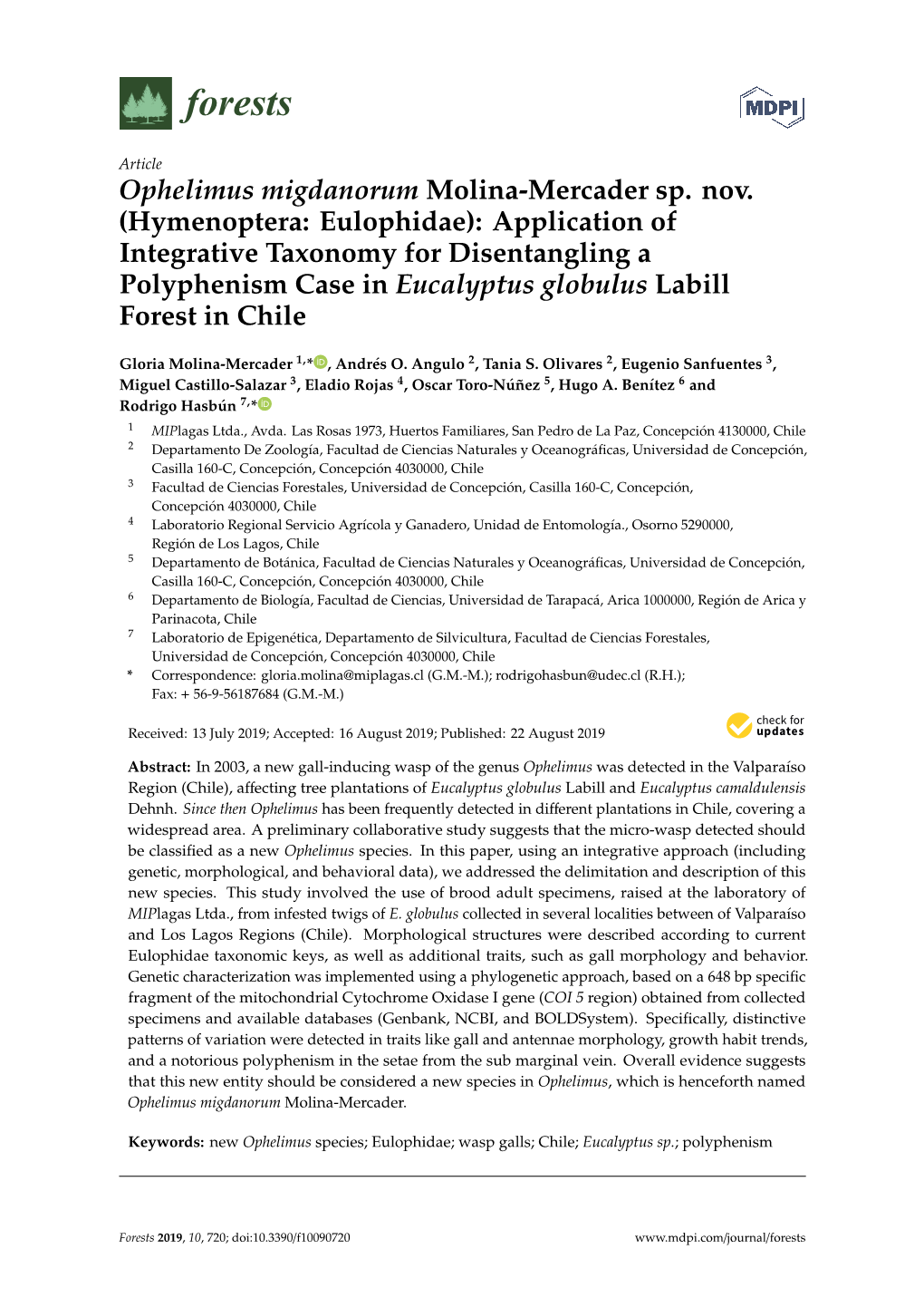 Hymenoptera: Eulophidae): Application of Integrative Taxonomy for Disentangling a Polyphenism Case in Eucalyptus Globulus Labill Forest in Chile