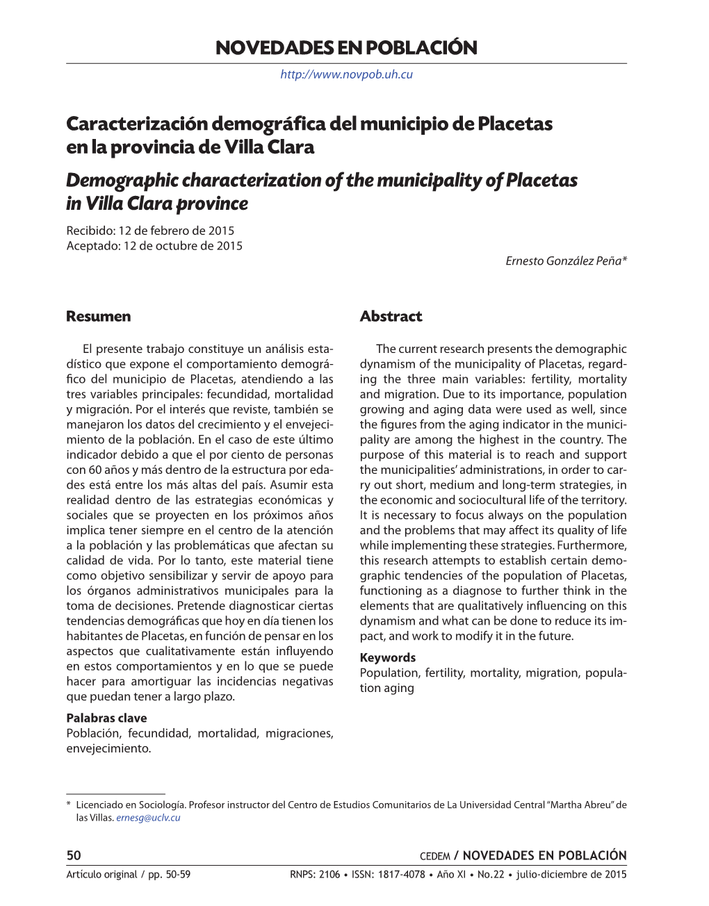 Caracterización Demográfica Del Municipio De Placetas En La