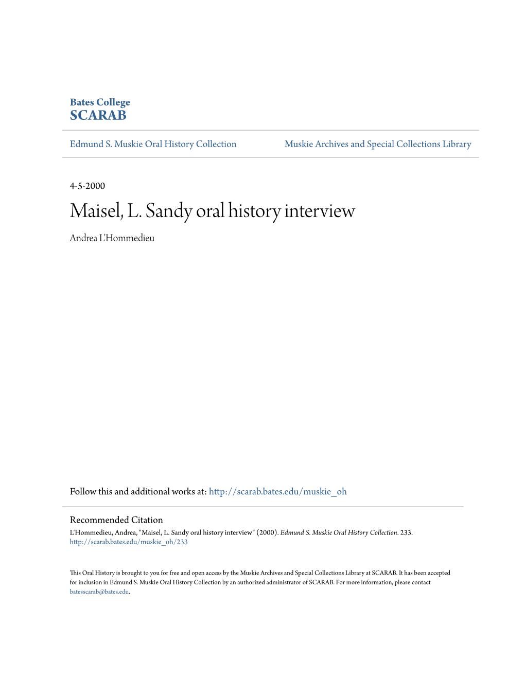 Maisel, L. Sandy Oral History Interview Andrea L'hommedieu