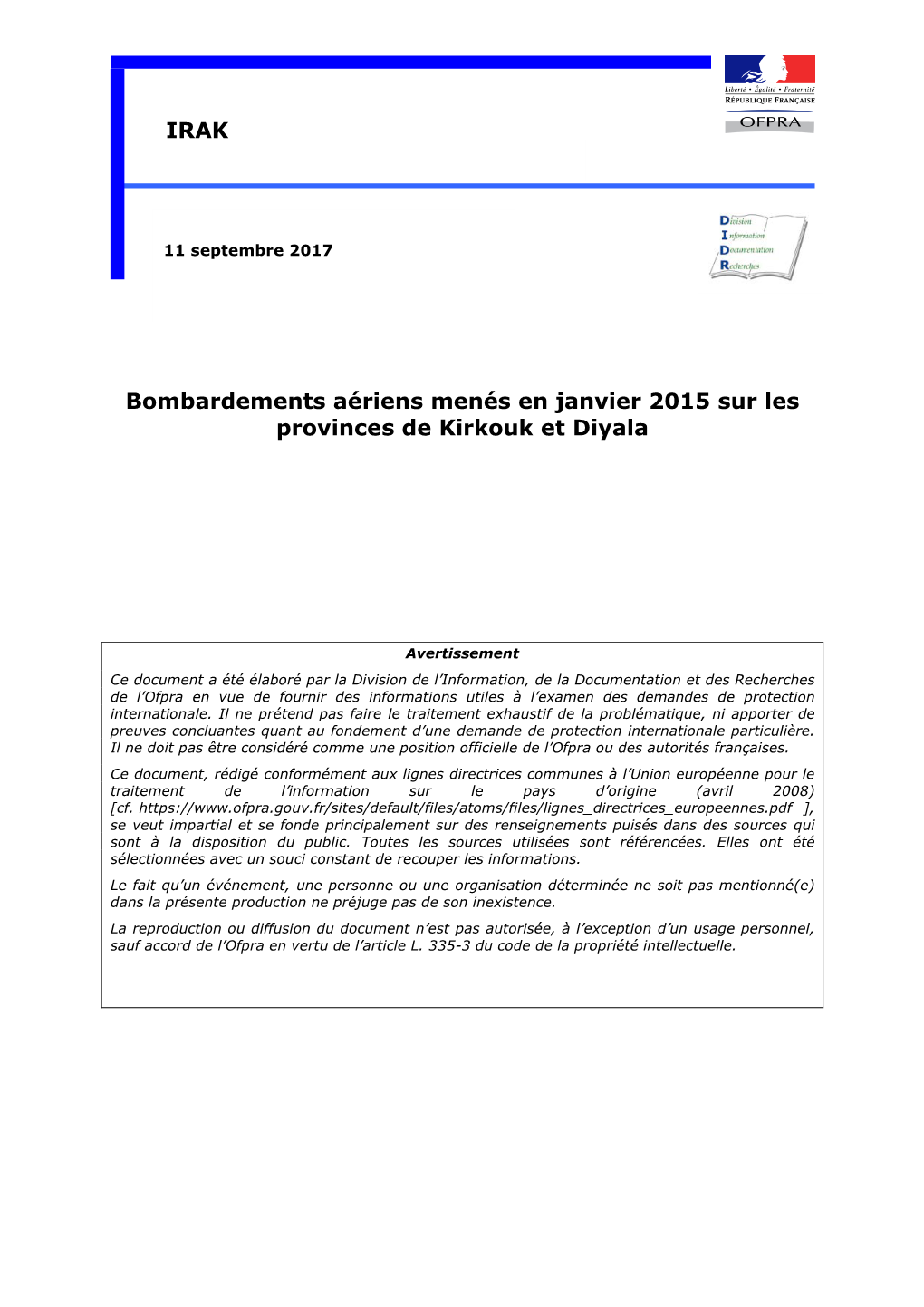 Bombardements Aériens Menés En Janvier 2015 Sur Les Provinces De Kirkouk Et Diyala IRAK