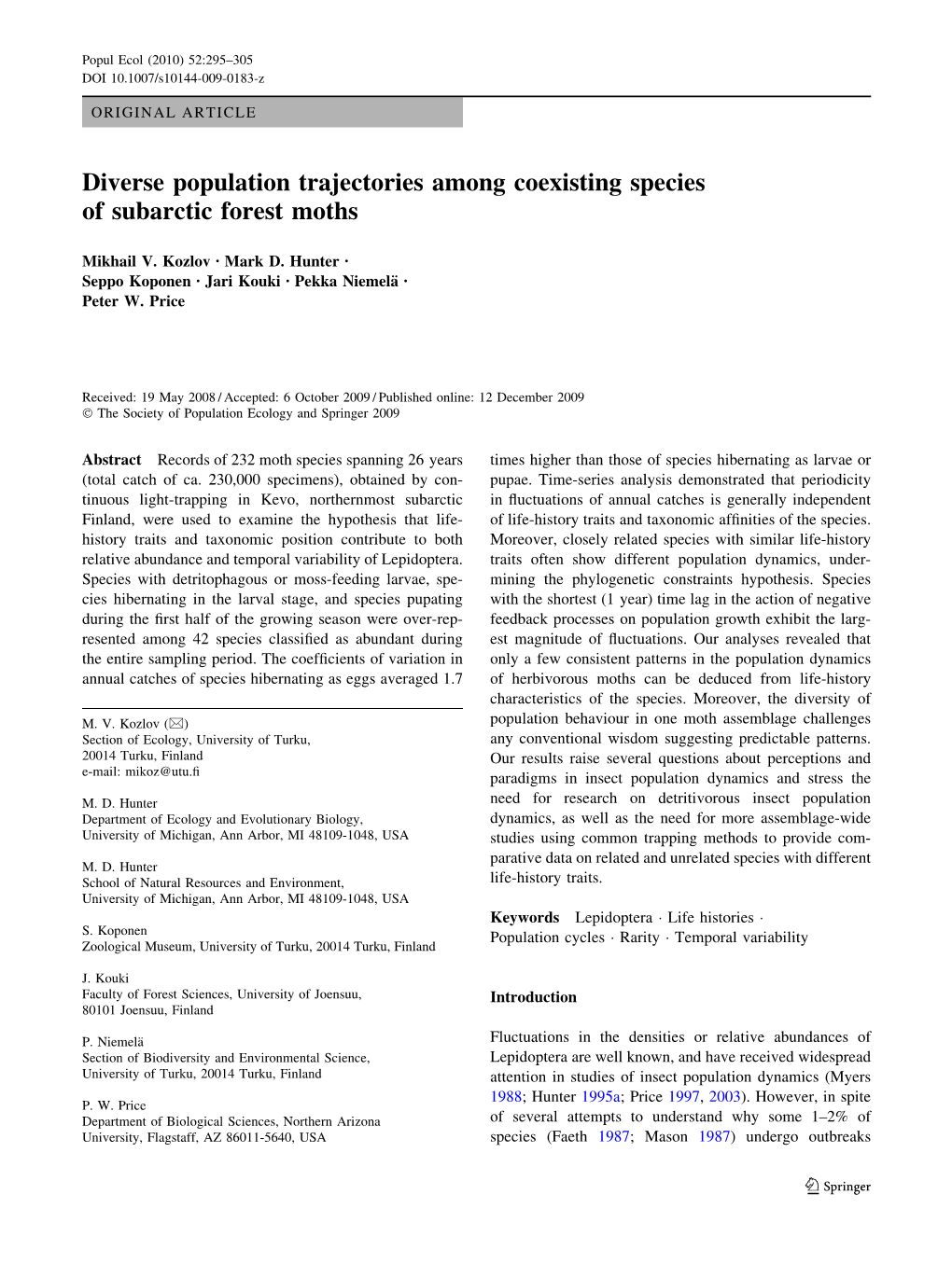 Diverse Population Trajectories Among Coexisting Species of Subarctic Forest Moths