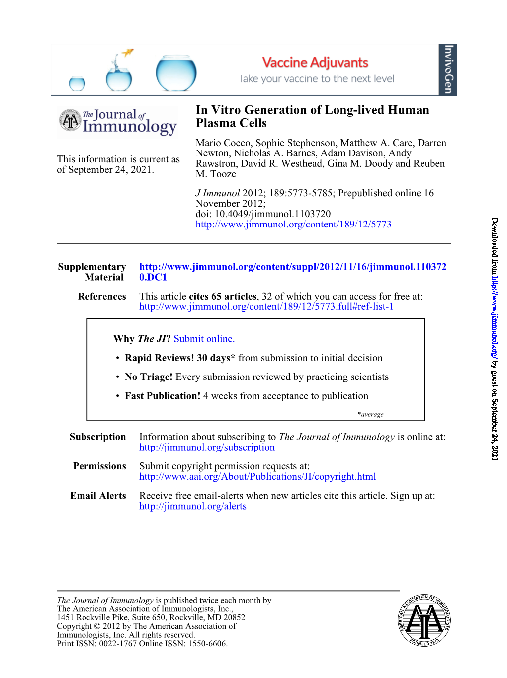 Plasma Cells in Vitro Generation of Long-Lived Human