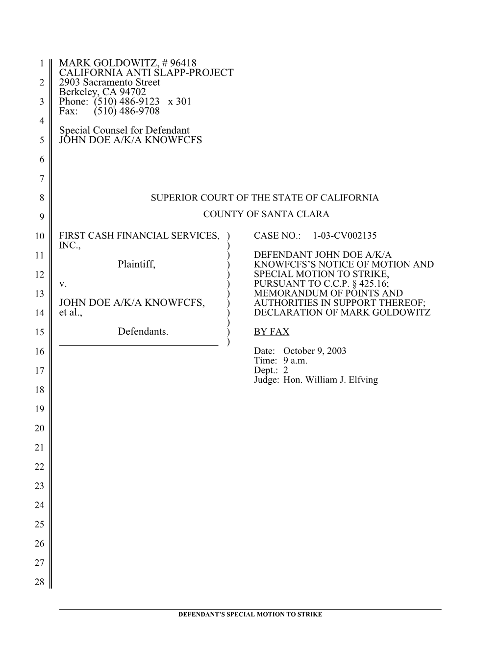 First Cash Opening SLAPP Brief