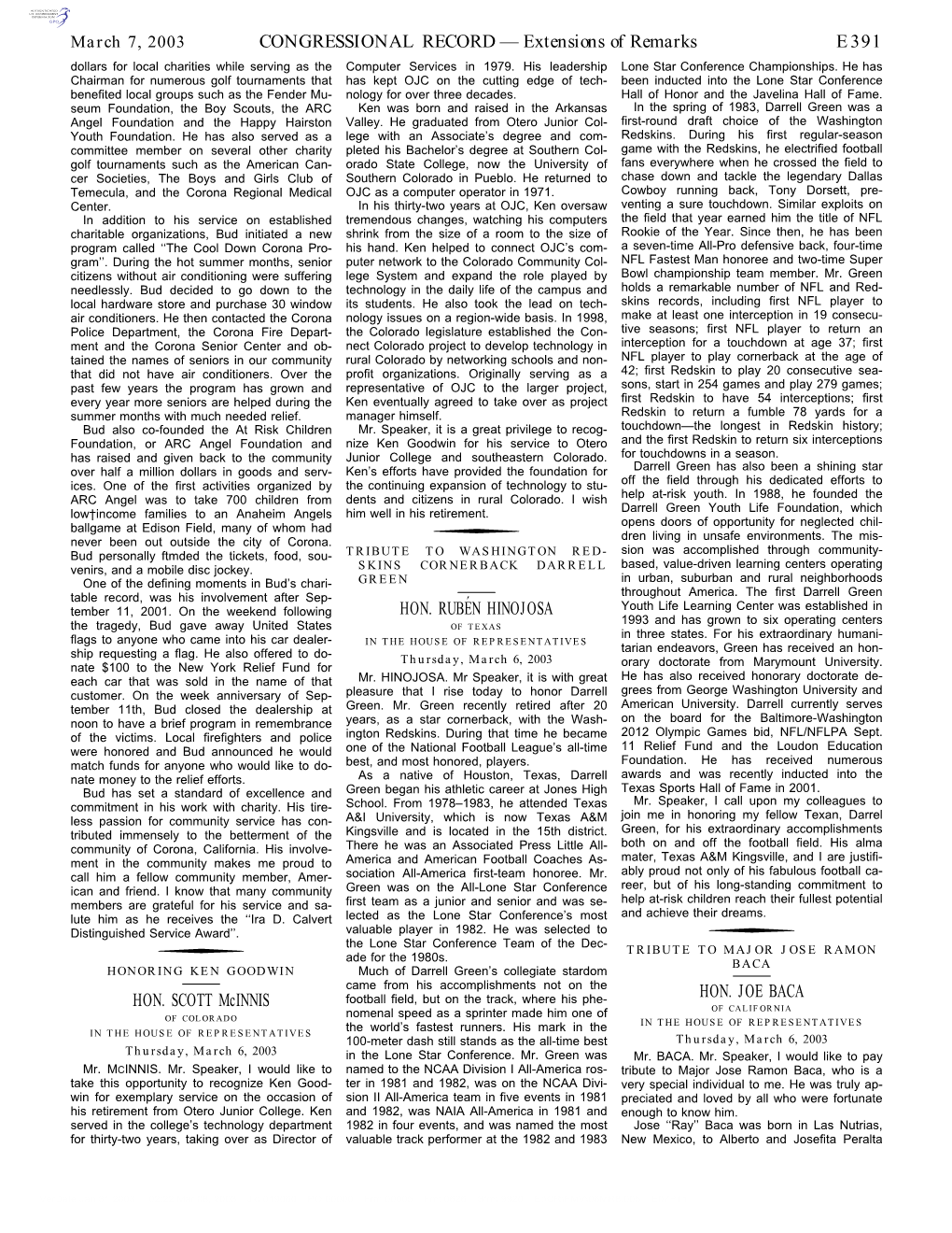 CONGRESSIONAL RECORD— Extensions of Remarks E391 HON. SCOTT Mcinnis HON. RUBÉN HINOJOSA HON. JOE BACA