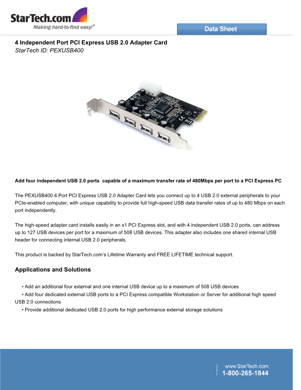 4 Independent Port PCI Express USB 2.0 Adapter Card Startech ID: PEXUSB400