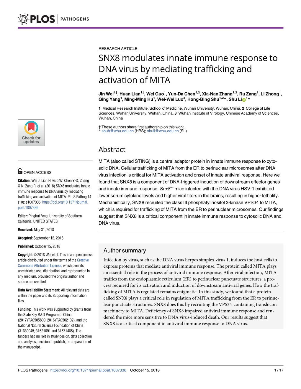 SNX8 Modulates Innate Immune Response to DNA Virus by Mediating Trafficking and Activation of MITA