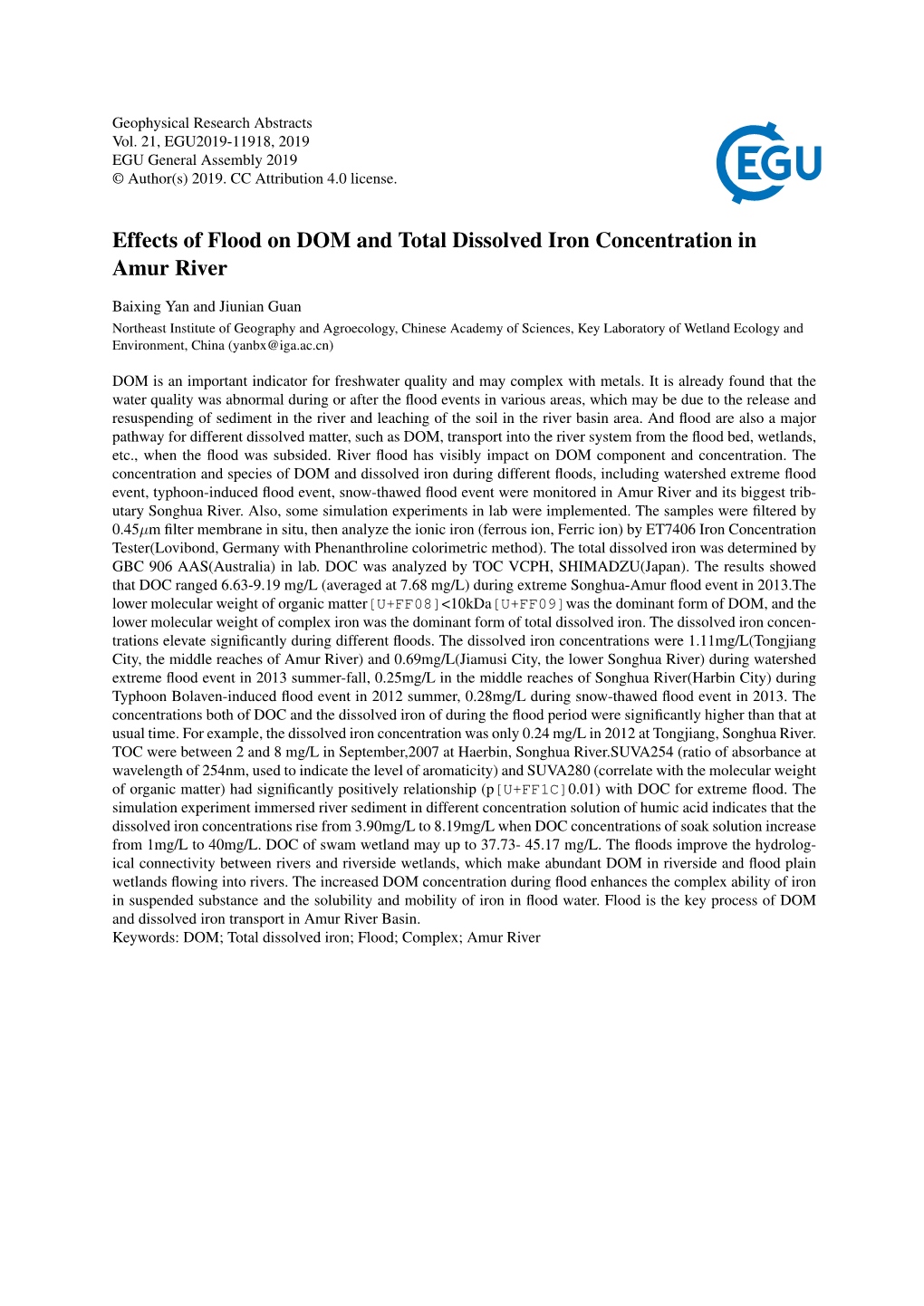 Effects of Flood on DOM and Total Dissolved Iron Concentration in Amur River