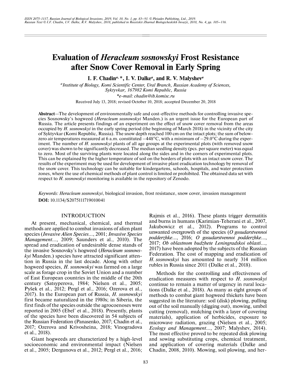 Evaluation of Heracleum Sosnowskyi Frost Resistance After Snow Cover Removal in Early Spring I