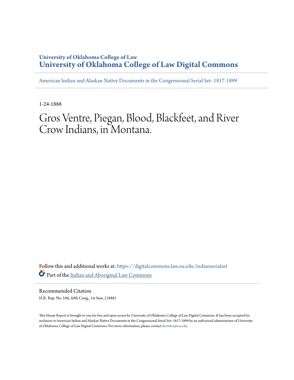 Gros Ventre, Piegan, Blood, Blackfeet, and River Crow Indians, in Montana