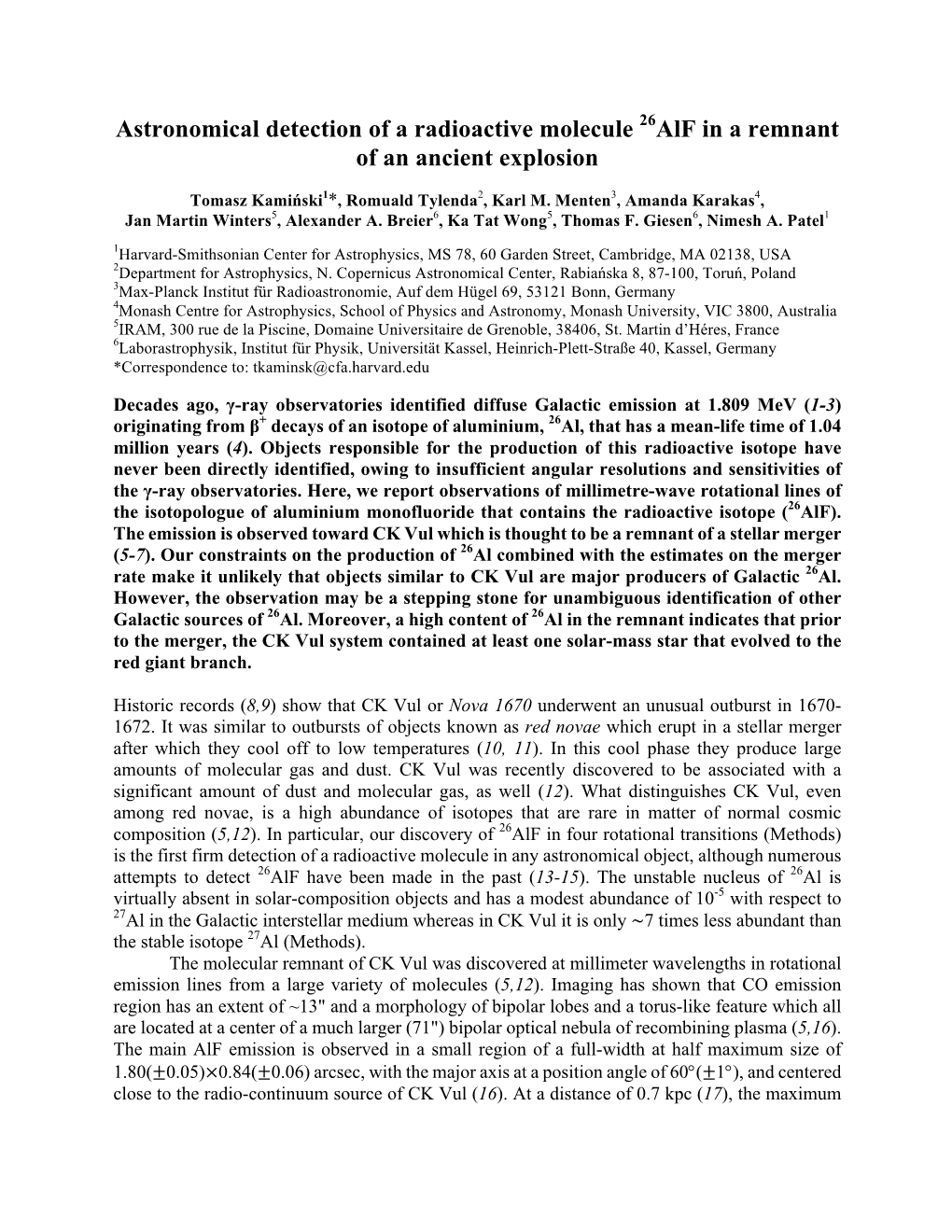 Astronomical Detection of a Radioactive Molecule 26Alf in a Remnant of an Ancient Explosion