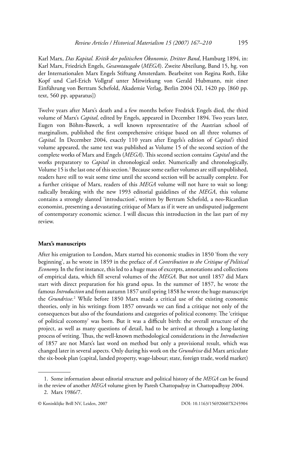 Review Articles / Historical Materialism 15 (2007) 167–210 Karl Marx, Das Kapital. Kritik Der Politischen Ökonomie, Dritter B