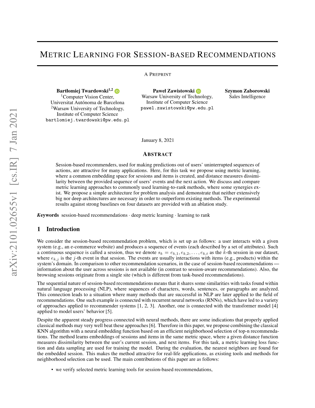 Metric Learning for Session-Based Recommendations - Preprint