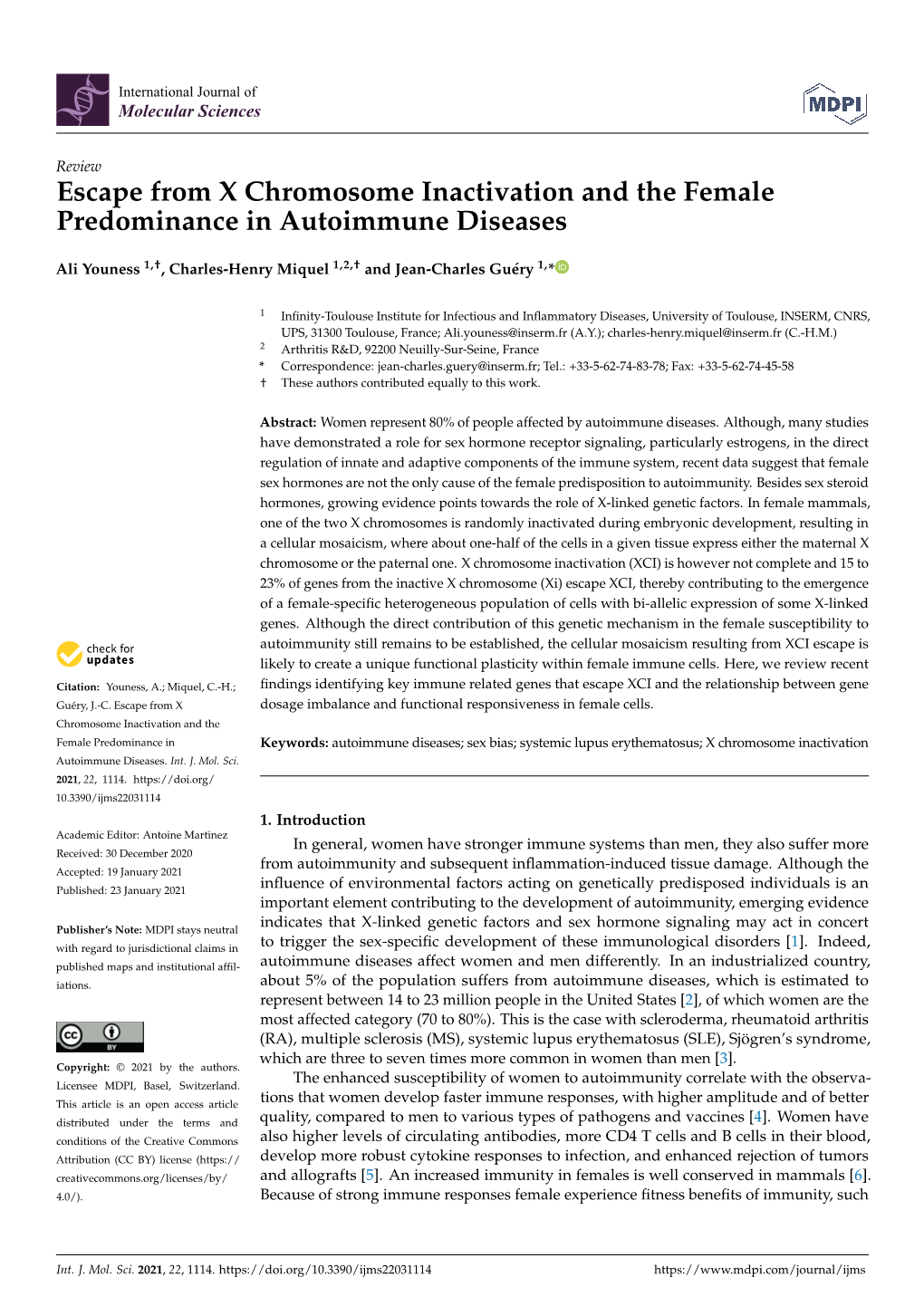 Escape from X Chromosome Inactivation and the Female Predominance in Autoimmune Diseases