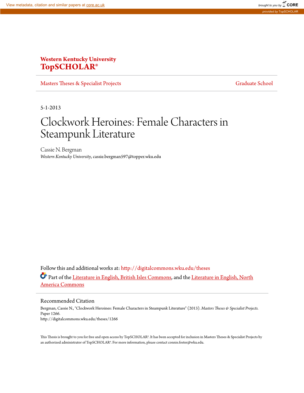 Clockwork Heroines: Female Characters in Steampunk Literature Cassie N