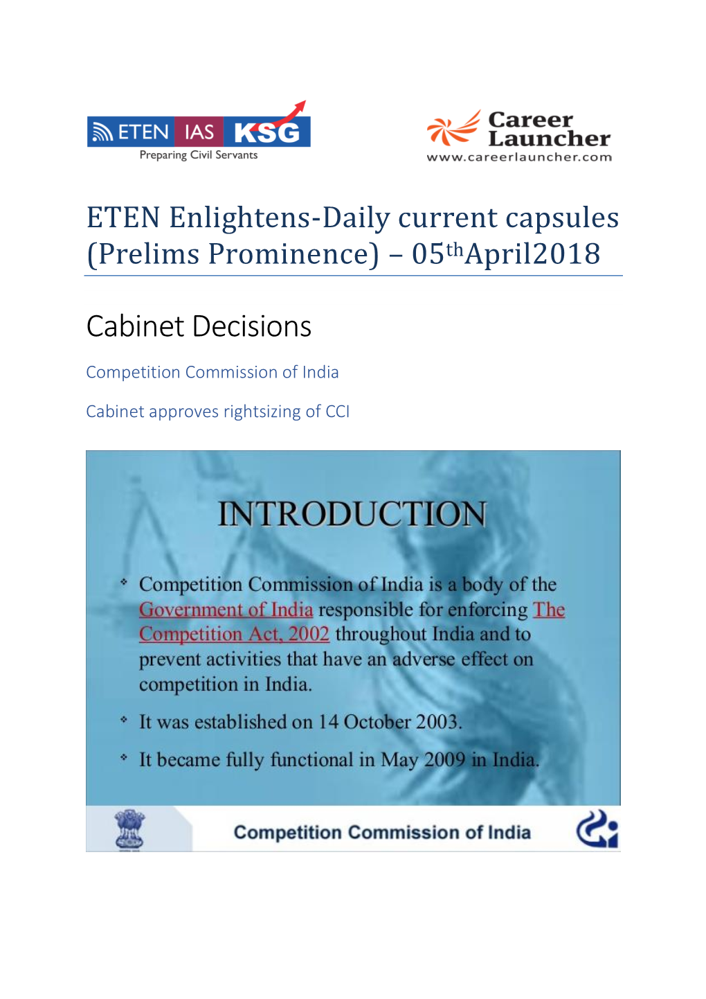 Cabinet Decisions Competition Commission of India