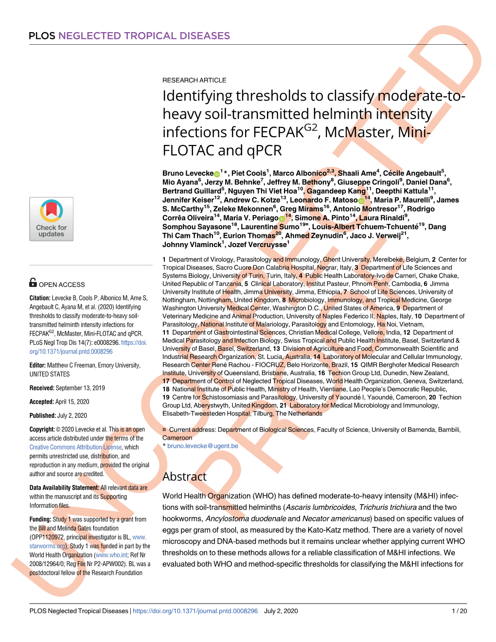 Identifying Thresholds to Classify Moderate-To- Heavy Soil-Transmitted Helminth Intensity Infections for FECPAKG2, Mcmaster, Mini- FLOTAC and Qpcr