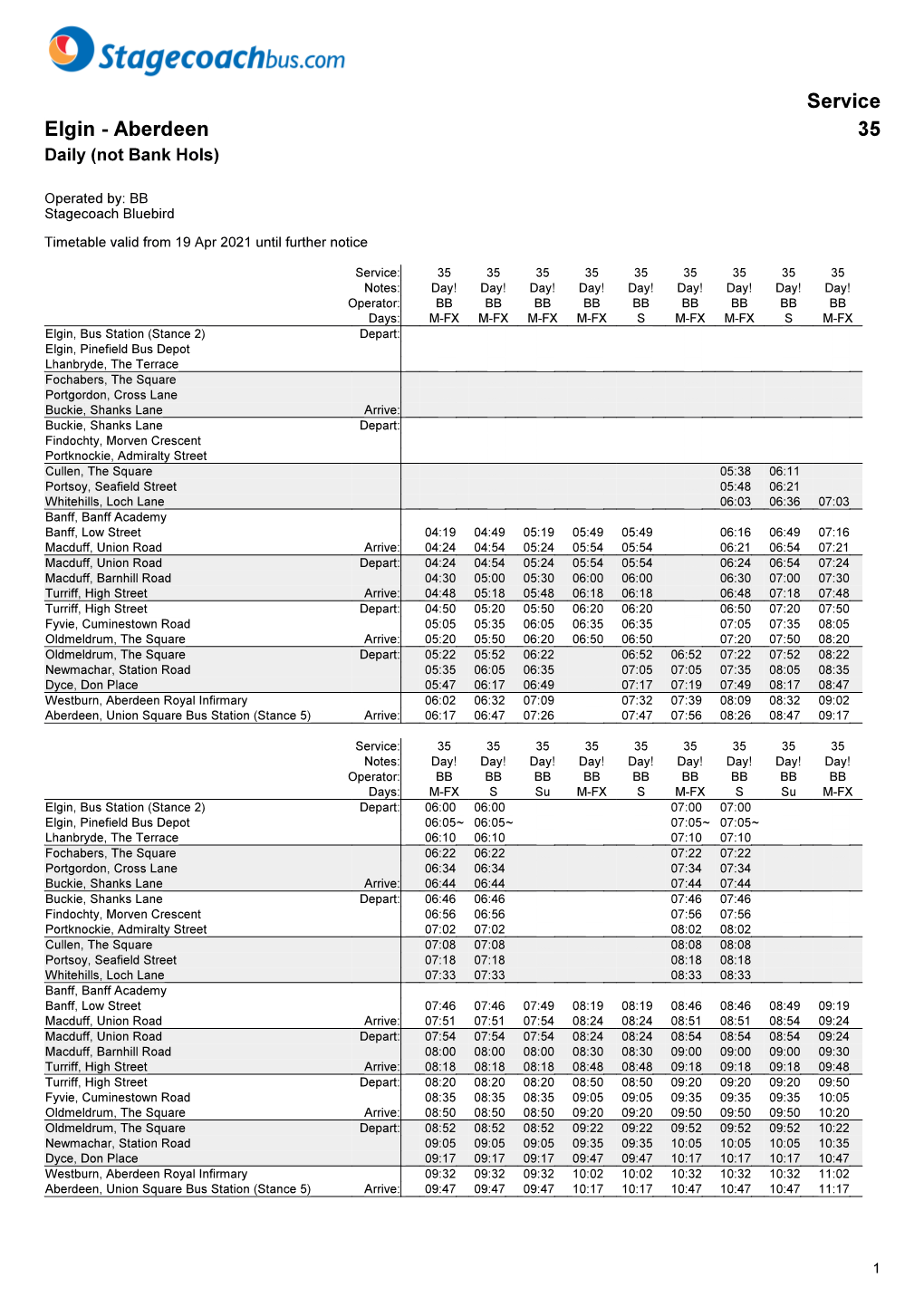 Service Elgin - Aberdeen 35 Daily (Not Bank Hols)