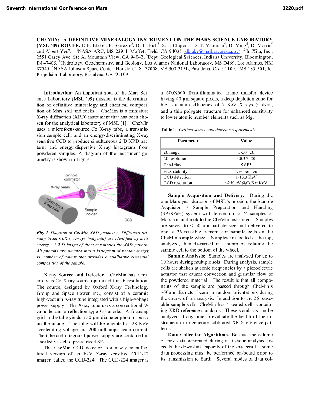 Chemin: a Definitive Mineralogy Instrument on the Mars Science Laboratory (Msl ’09) Rover